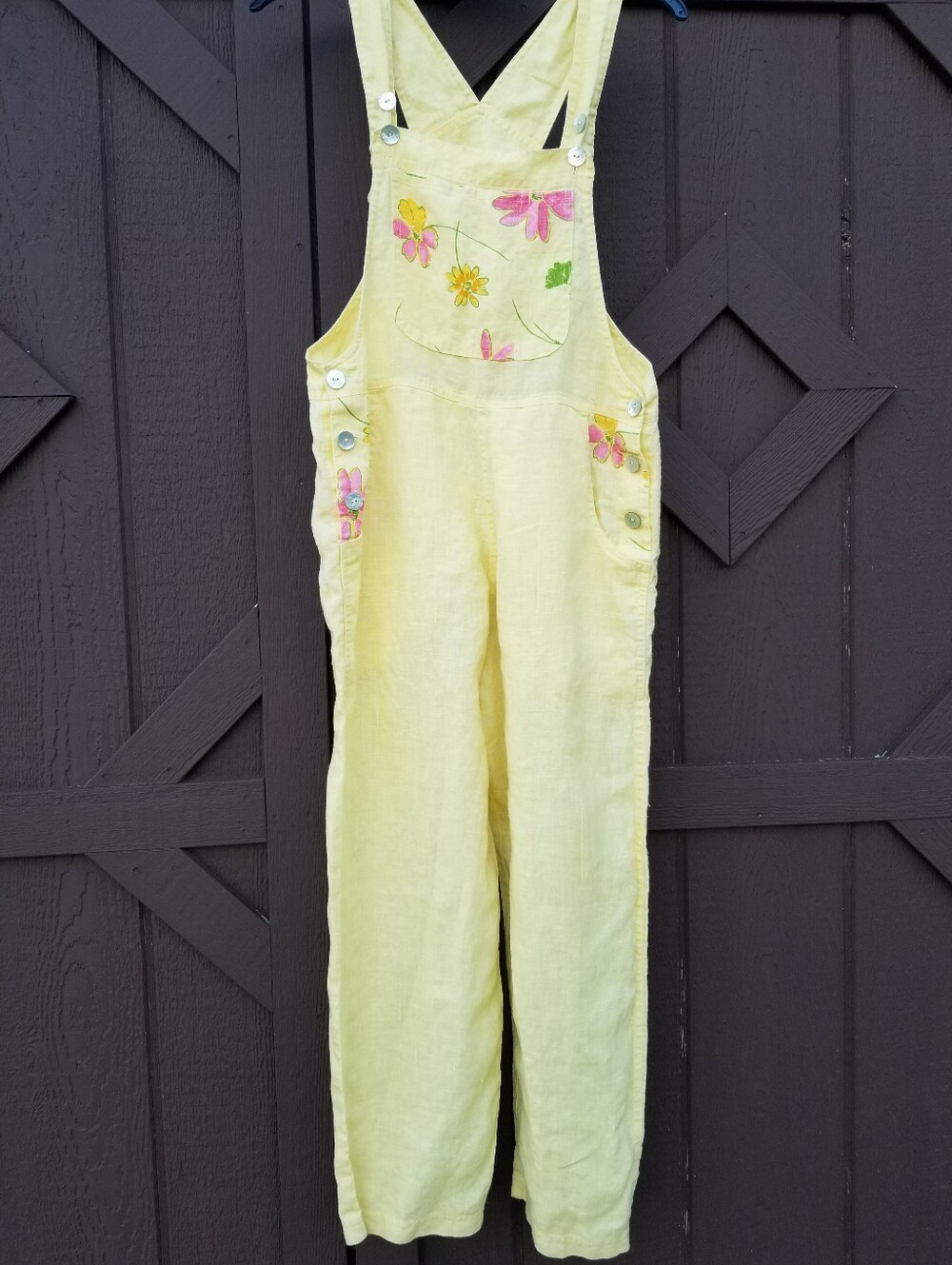 Vtg Chalet Pale Yellow Wide leg Pink Floral Bib Overalls Sz Sm 100% Linen Boho